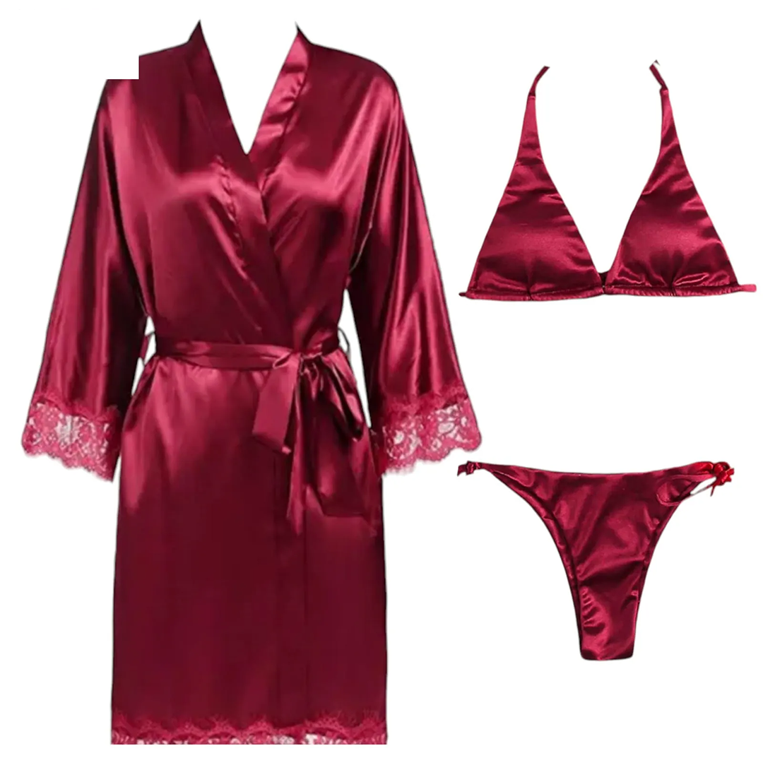 3 Piece Satin Silk Sleepwear Set