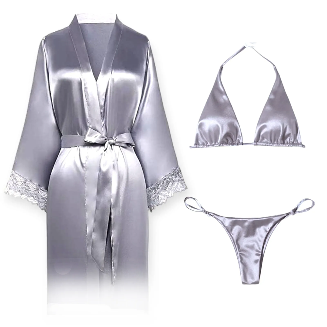 3 Piece Satin Silk Sleepwear Set